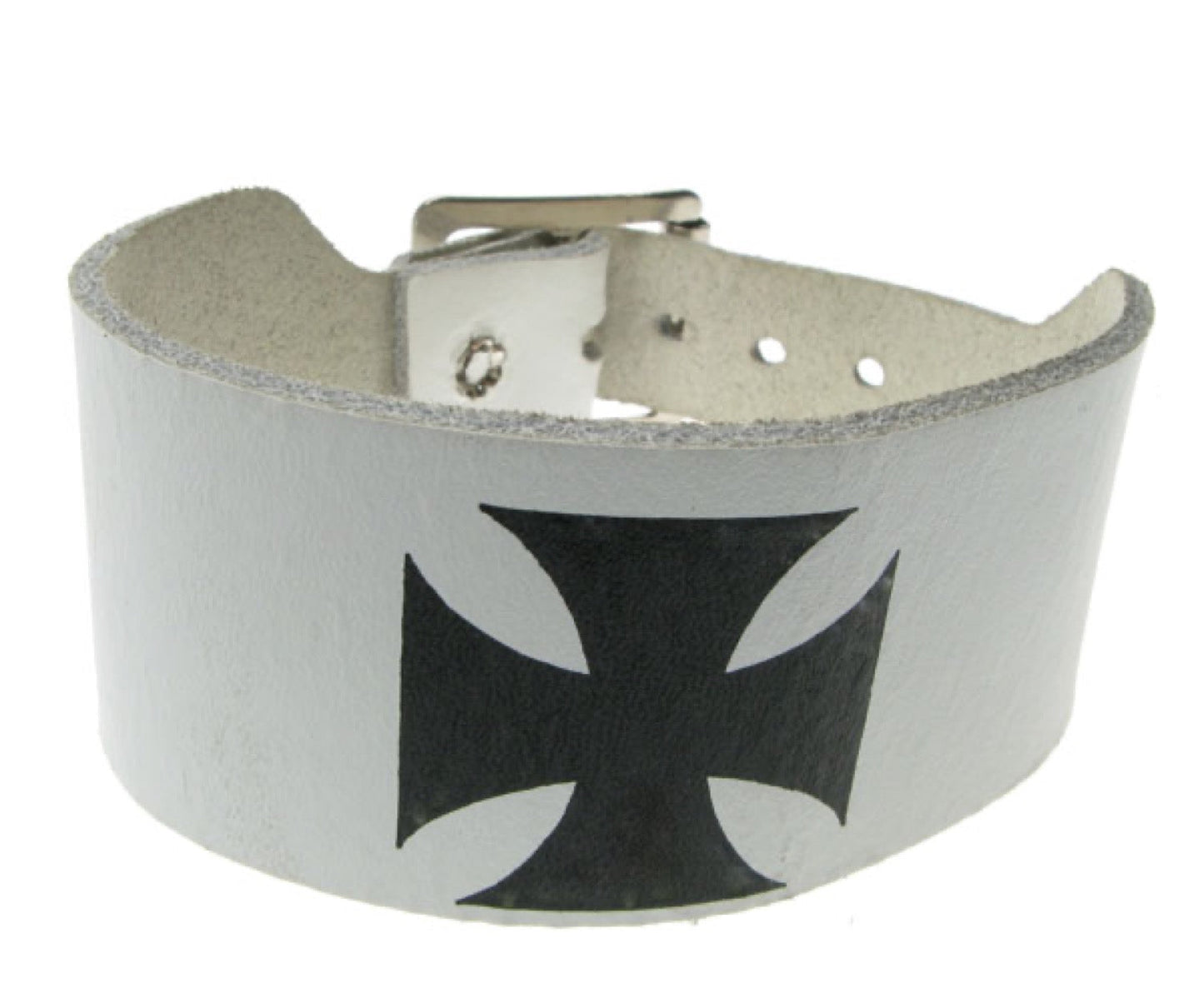 WB178 2 Row width german cross print Leather Wristband - White