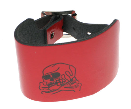 WB179 3 Row width skull & cross bones print Leather Wristband - Red