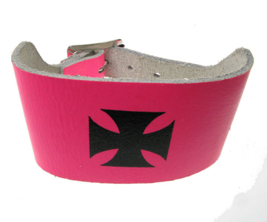 WB180 3 Row width german cross print Leather Wristband - F.Pink