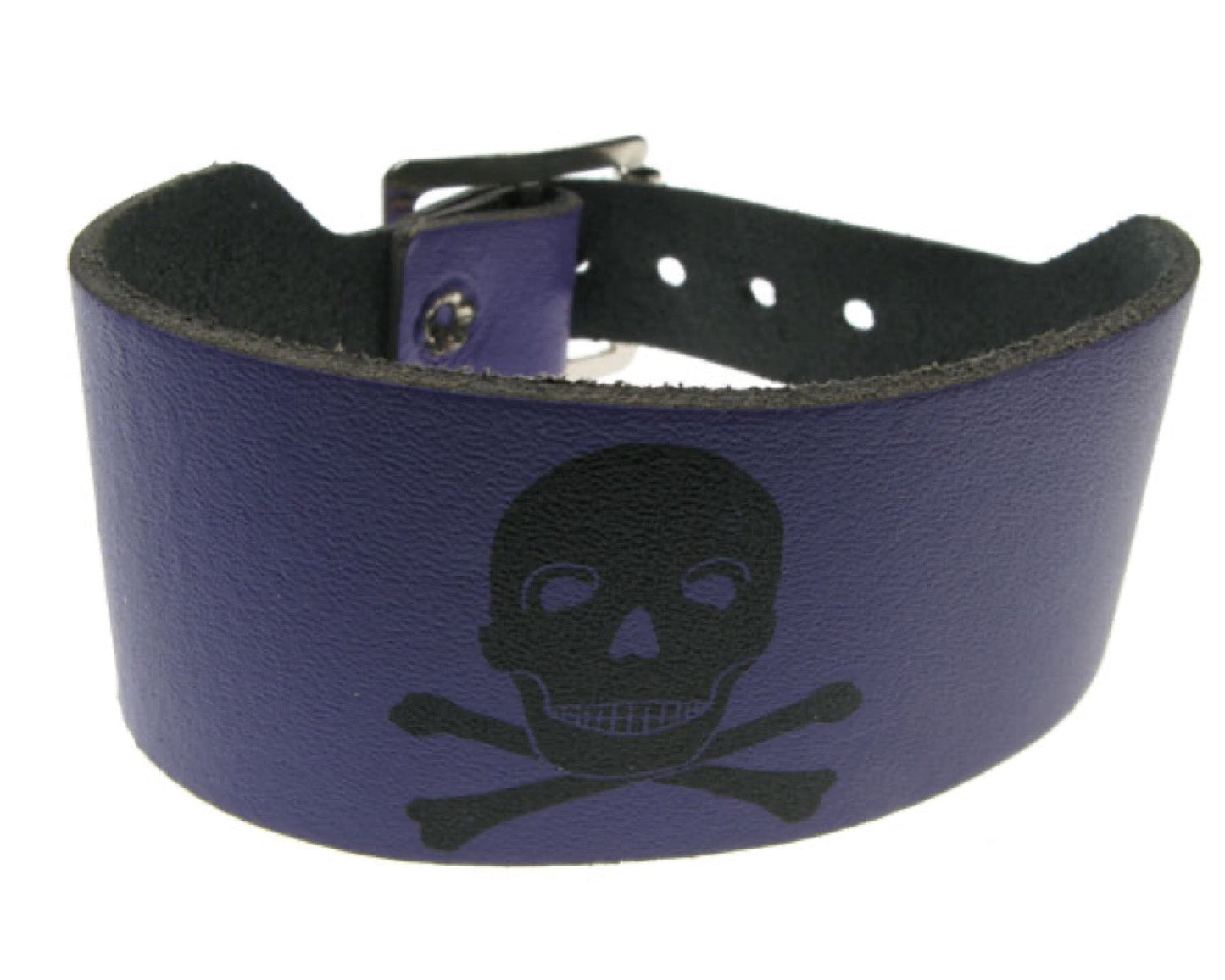 WB184 2 Row width skull and cross bone print Leather Wristband - Purple