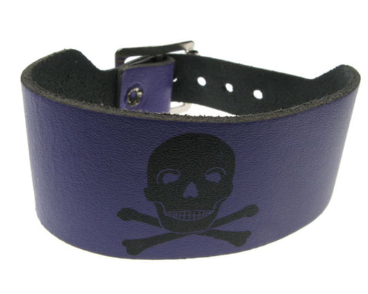 WB184 2 Row width skull and cross bone print Leather Wristband - Purple