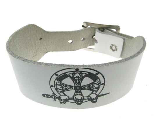 WB185 2 Row width 3 skull emblem Leather Wristband - White