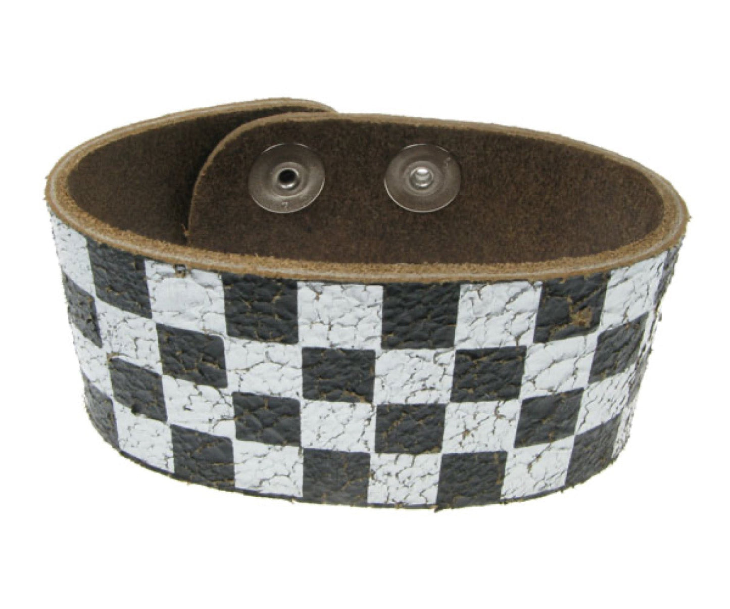 WB193 3 Row width Silver and Black Print Leather Wristband - Cracked White  (Buttoned)