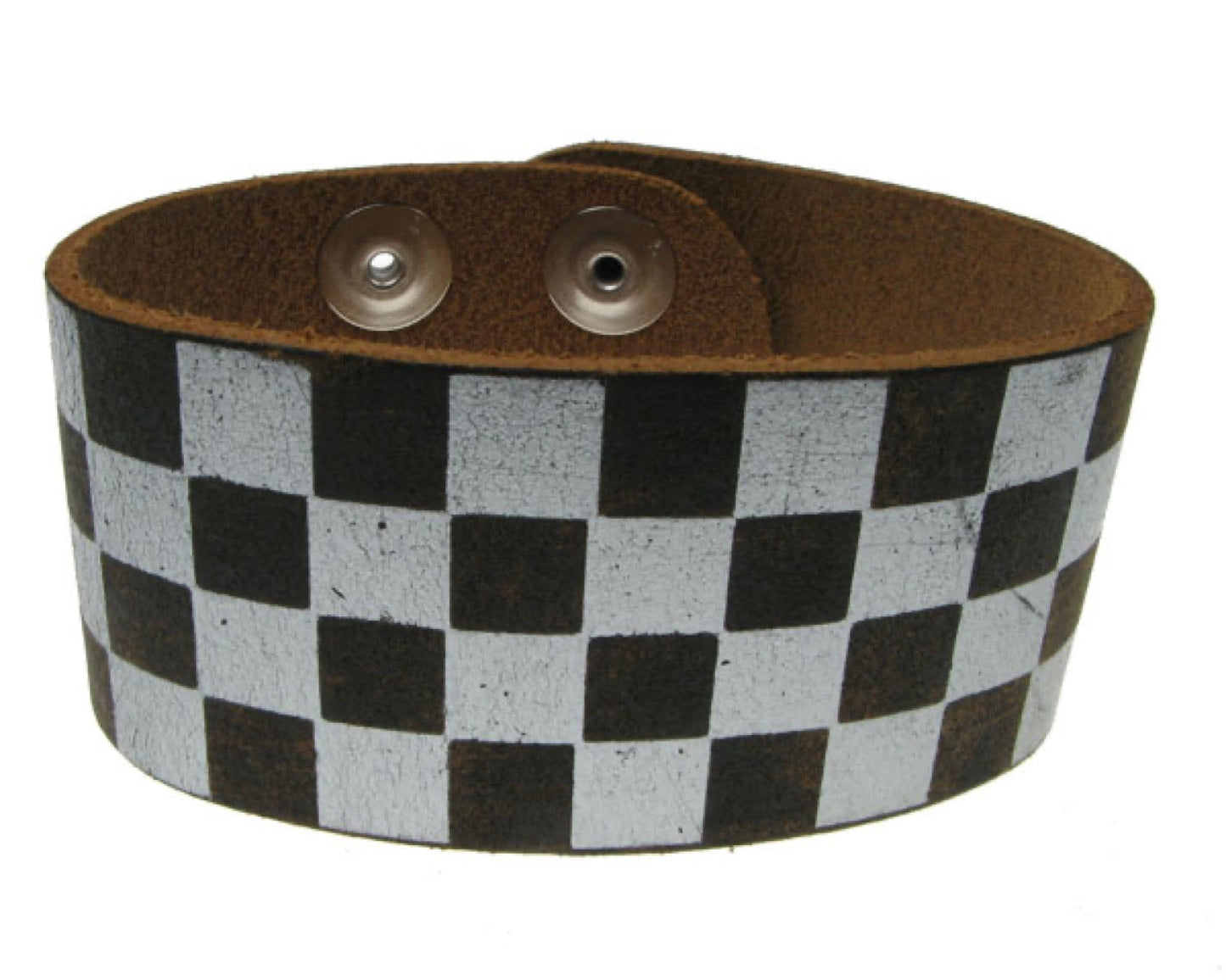 WB196 3 Row width Silver and Black Print Leather Wristband - Stress Brown  Buttoned