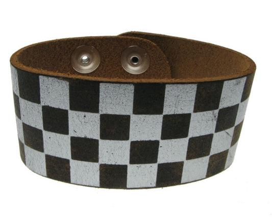 WB196 3 Row width Silver and Black Print Leather Wristband - Stress Brown  Buttoned