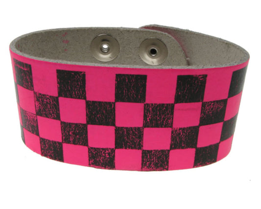 WB197 3 Row width Pink & Black checkered print Leather Wristband - F.Pink  Buttoned