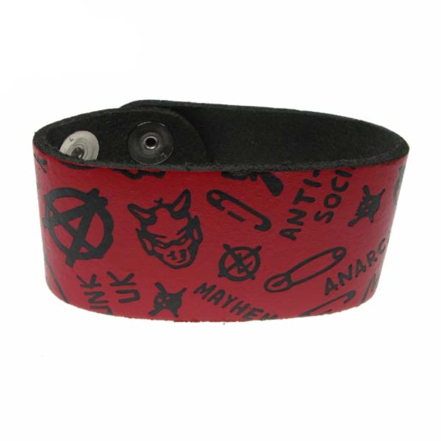 WB198B 3 Row width Anarchy Print Leather Wristband - Red  Buttoned