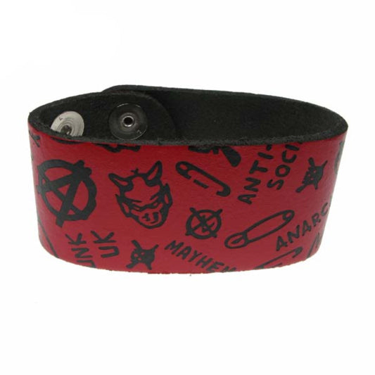 WB198B 3 Row width Anarchy Print Leather Wristband - Red  Buttoned