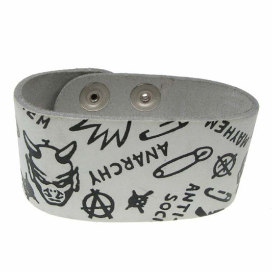 WB198C 3 Row width Anarchy Print Leather Wristband - White  Buttoned