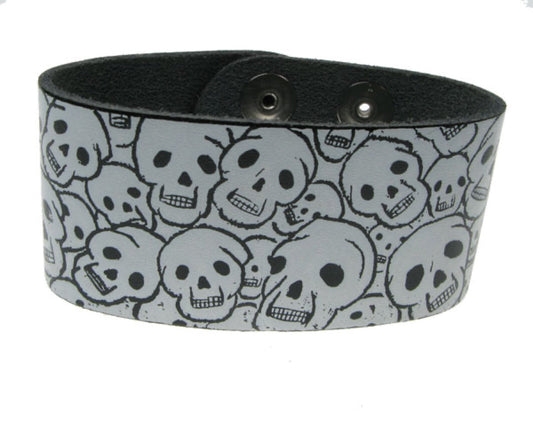 WB199 3 Row width Anarchy Print Leather Wristband - Black  Buttoned