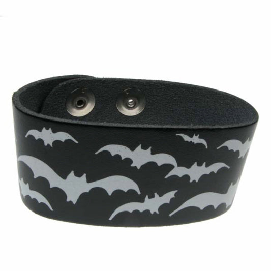 WB200 3 Row width Bat Print Leather Wristband (Buttoned) - Black