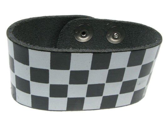 WB201 3 Row width Black and White Print Leather Wristband (Buttoned) - Black