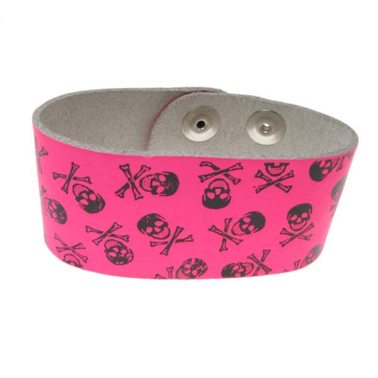 WB202B 3 Row width Multiple Skull & Crossbones Print Leather Wristband (Buttoned) - F.Pink