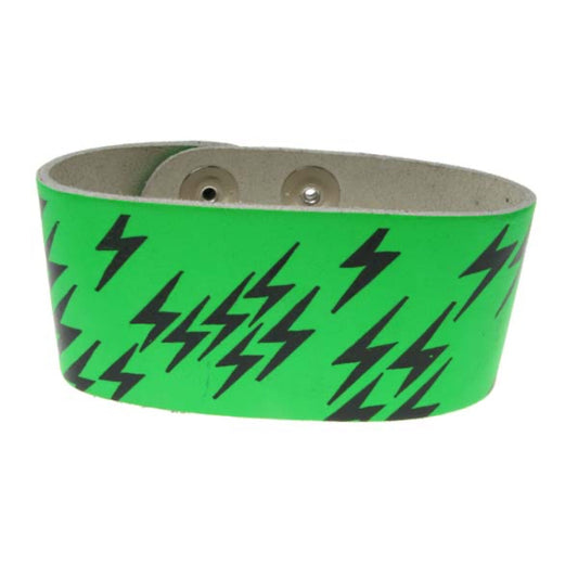 WB203E 3 Row width Lightning Print Leather Wristband (Buttoned) - F.Green