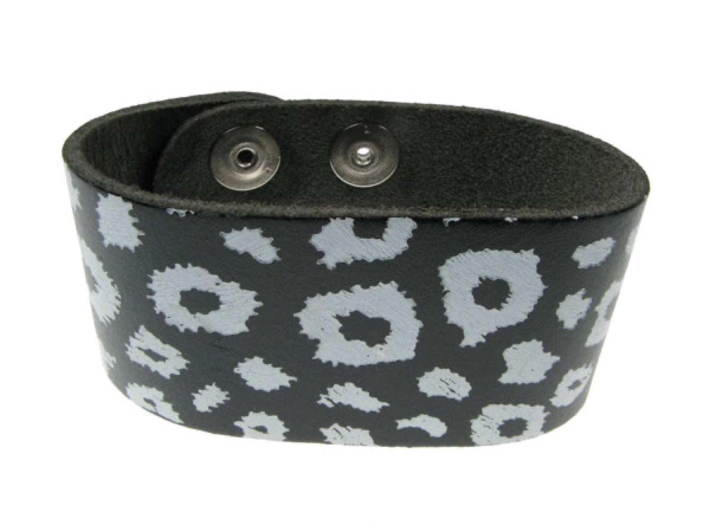 WB204 3 Row width Leopard Print Leather Wristband (Buttoned) - Black