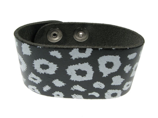 WB204 3 Row width Leopard Print Leather Wristband (Buttoned) - Black