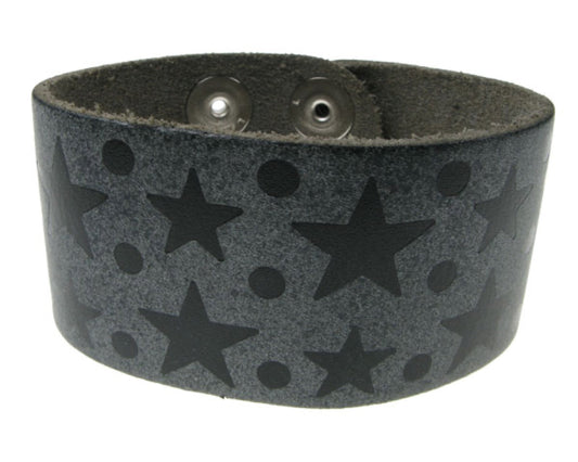 WB206 3 Row width Star and Dot Print Leather Wristband (Buttoned) - Special Grey
