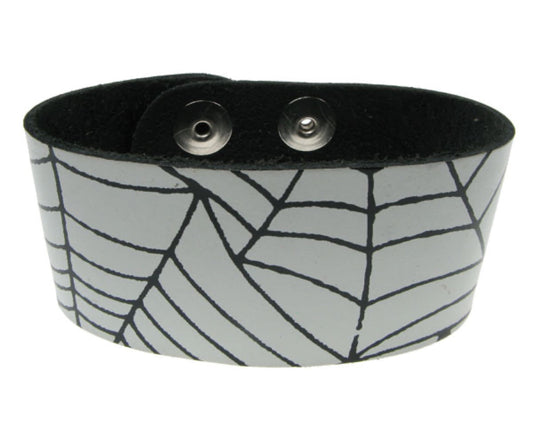 WB211 3 Row spiderweb print Leather Wristband (Buttoned) - Black