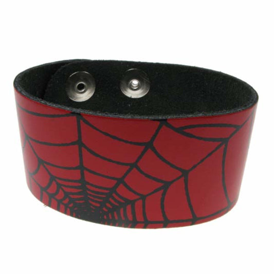 WB211B 3 Row spiderweb print Leather Wristband (Buttoned) - Red