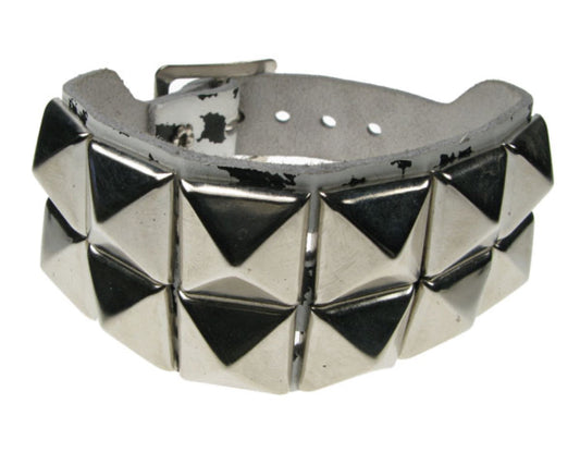 WB212 2 row pyramid on leopard print Leather Wristband - White