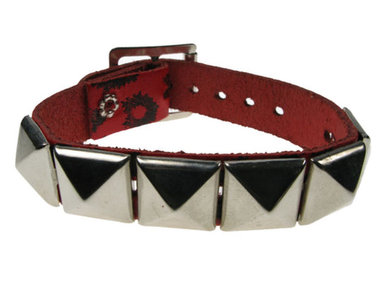 WB213 1 Row pyramid on leopard print Leather Wristband - Red