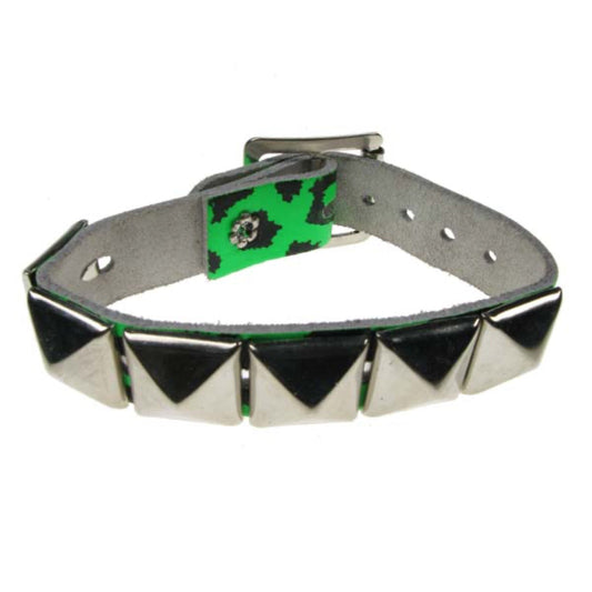 WB213B 1 Row pyramid on leopard print Leather Wristband - F.Green
