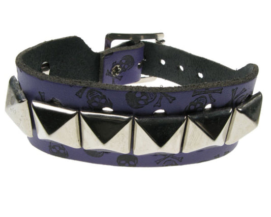 WB214 2 Row width - 1 Row Pyramid on skull & cross bone print  Leather Wristband - Purple