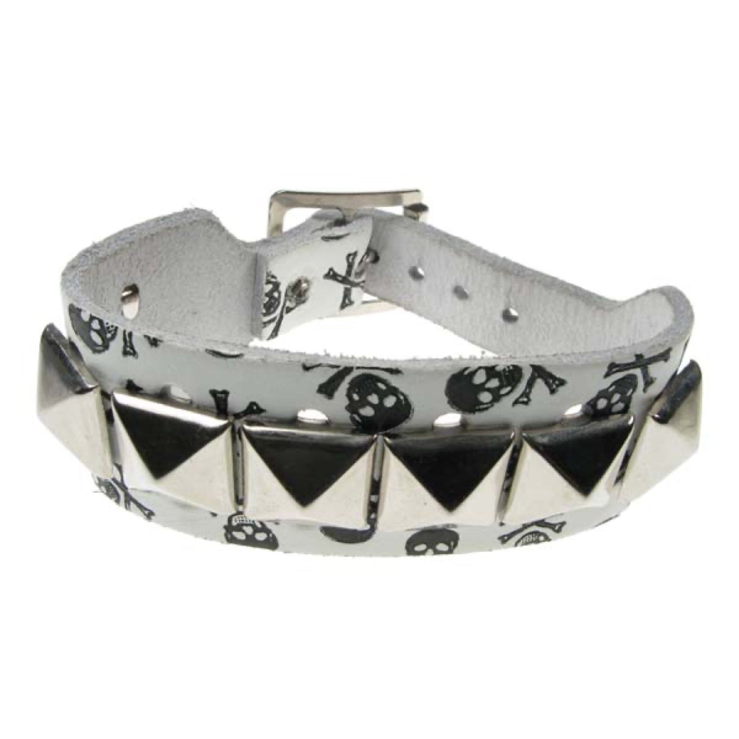 WB214B 2 Row width - 1 Row Pyramid on skull & cross bone print  Leather Wristband - White