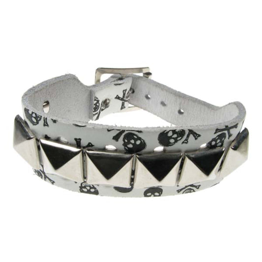 WB214B 2 Row width - 1 Row Pyramid on skull & cross bone print  Leather Wristband - White