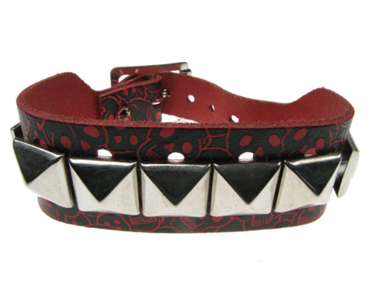 WB215 2 Row width - 1 Row Pyramid on multiple skull print Leather Wristband - Red