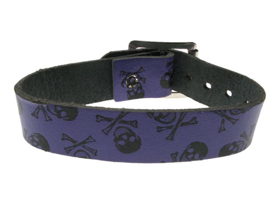WB216 1 row skull & cross bone print Leather Wristband - Purple