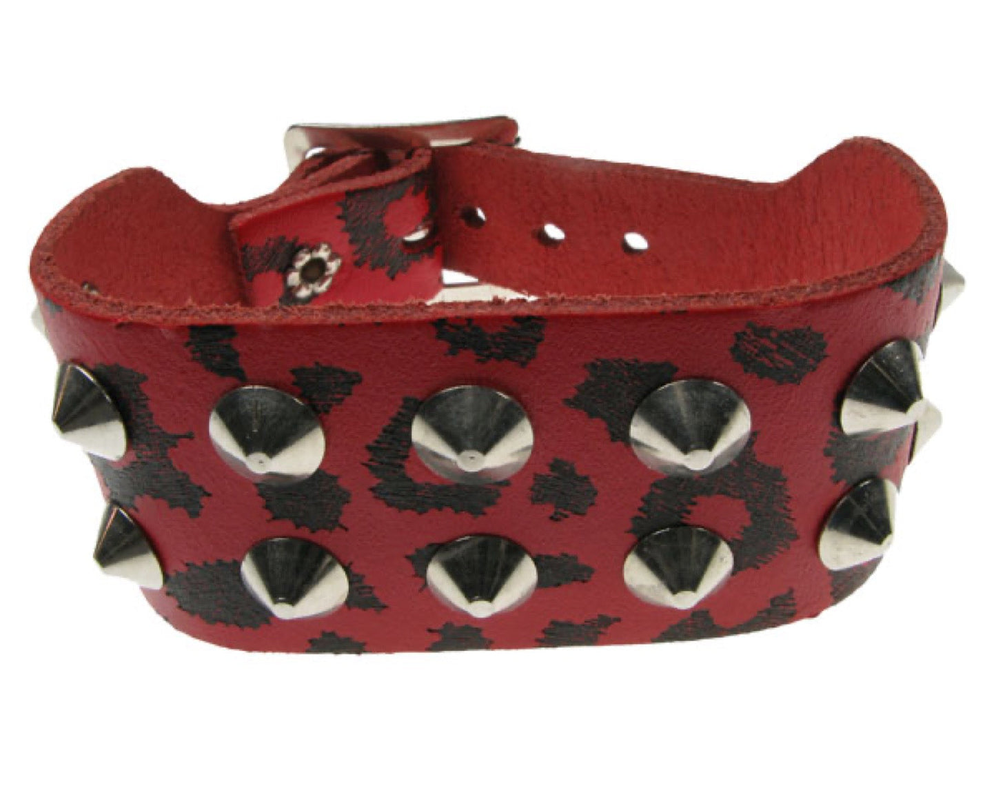 WB221 2 Row conical & leopard print Leather Wristband - Red