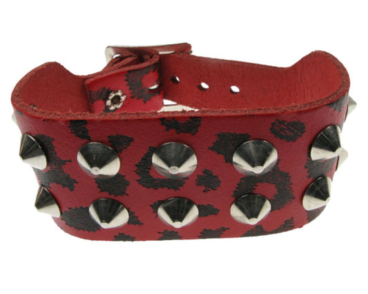 WB221 2 Row conical & leopard print Leather Wristband - Red