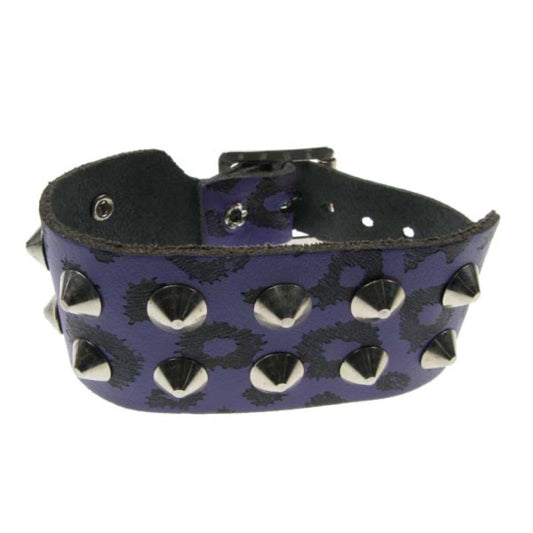 WB221B 2 Row conical & leopard print Leather Wristband - Purple