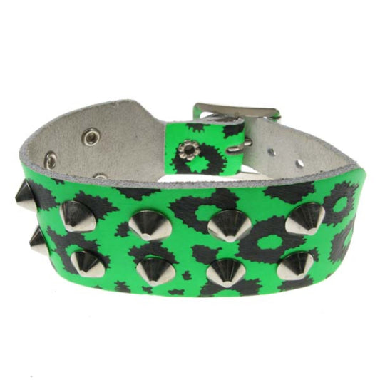 WB221C 2 Row conical & leopard print Leather Wristband - F.Green