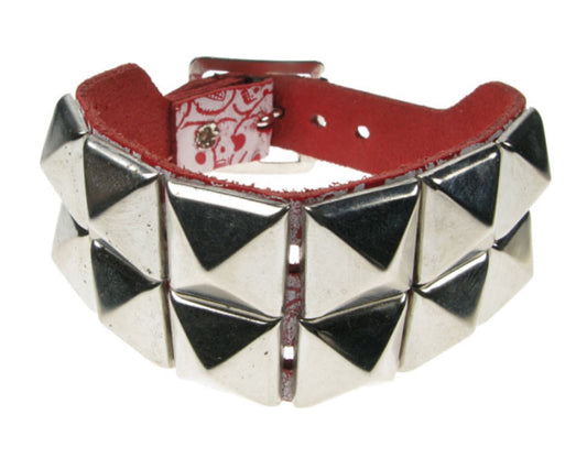 WB222 2 Row Pyramid & skull print Leather Wristband - Red