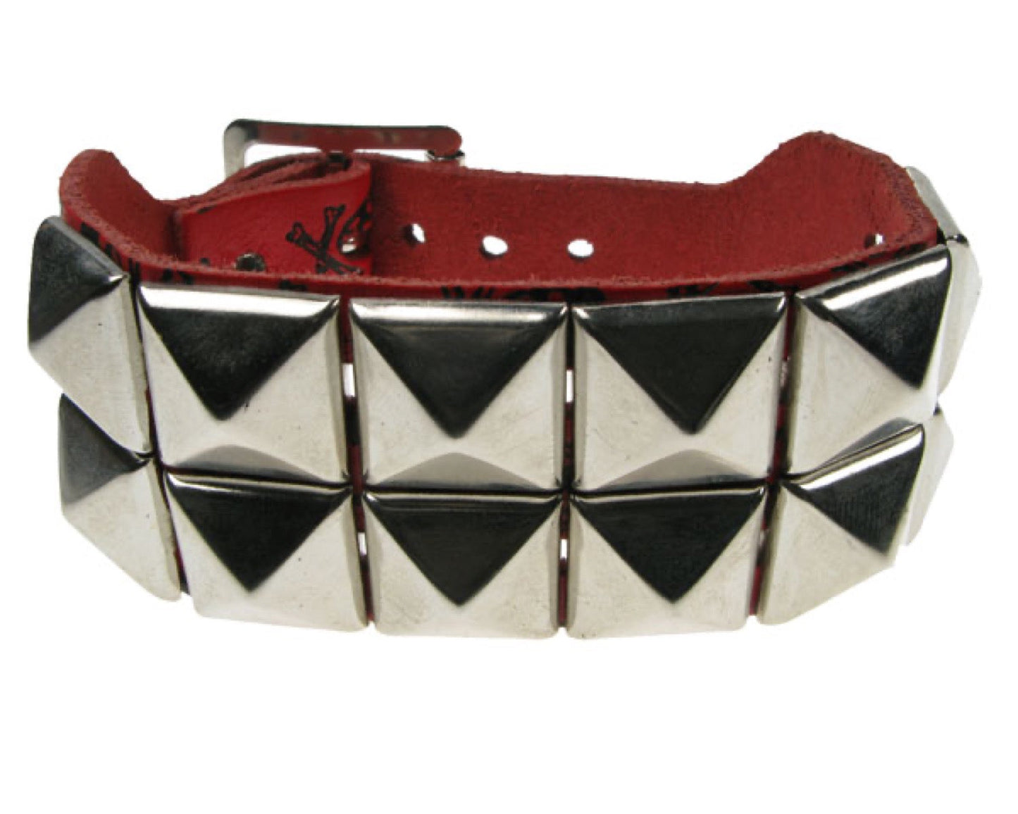 WB224 2 Row pyramid & skull & cross bone print Leather Wristband - Red