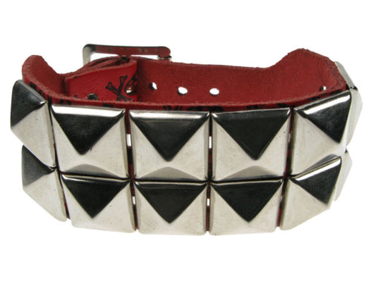 WB224 2 Row pyramid & skull & cross bone print Leather Wristband - Red