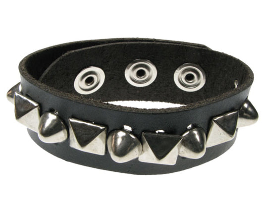 WB226 1 Row Small Pyramid Dome Conical press stud Leather Wristband Buttoned - Black