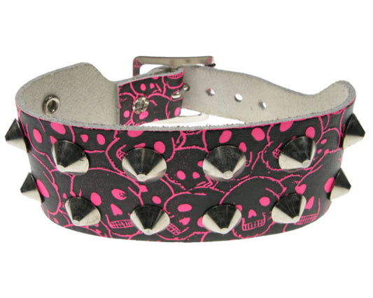 WB233 2 Row Conical & Multiple Skull print Leather Wristband - F.Pink