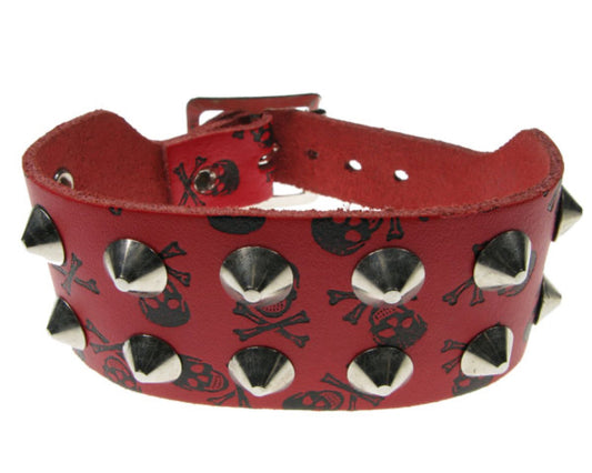 WB234 2 Row Conical & Skull print Leather Wristband - Red