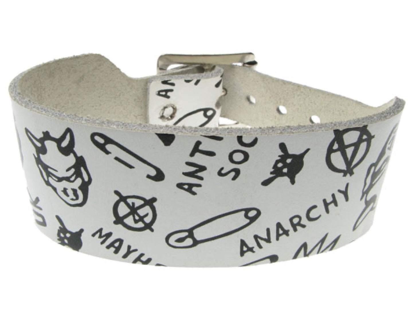 WB237 2 row anarchy print Leather Wristband - White