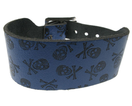 WB239 2 row skull & cross bones print Leather Wristband - Purple