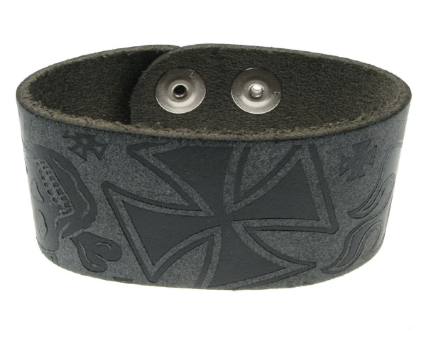 WB243 3 Row width german cross & skull print Leather Wristband - Special Grey
