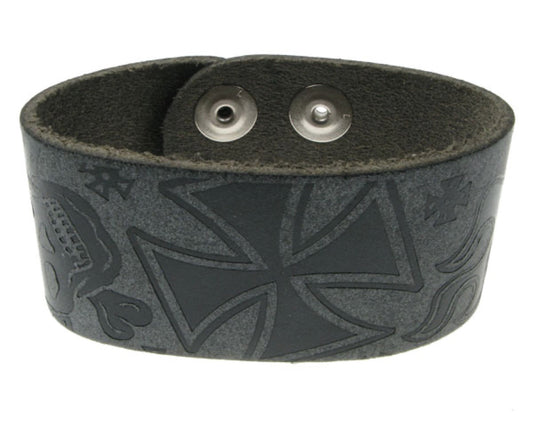WB243 3 Row width german cross & skull print Leather Wristband - Special Grey