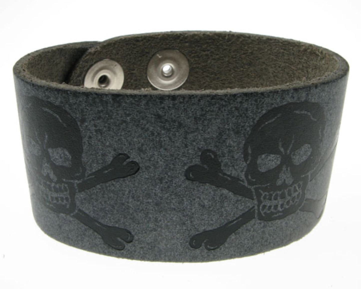 WB245 3 Row width skull & cross bone print Leather Wristband - Special Grey