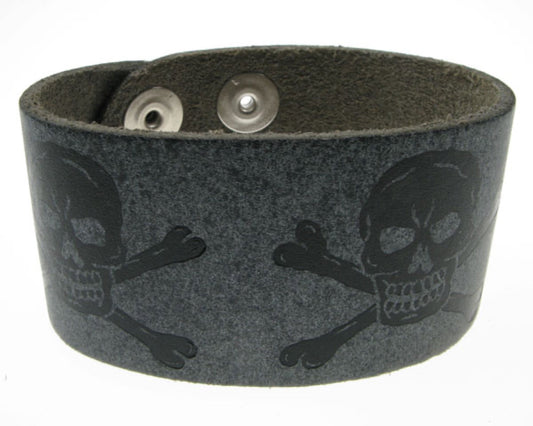 WB245 3 Row width skull & cross bone print Leather Wristband - Special Grey