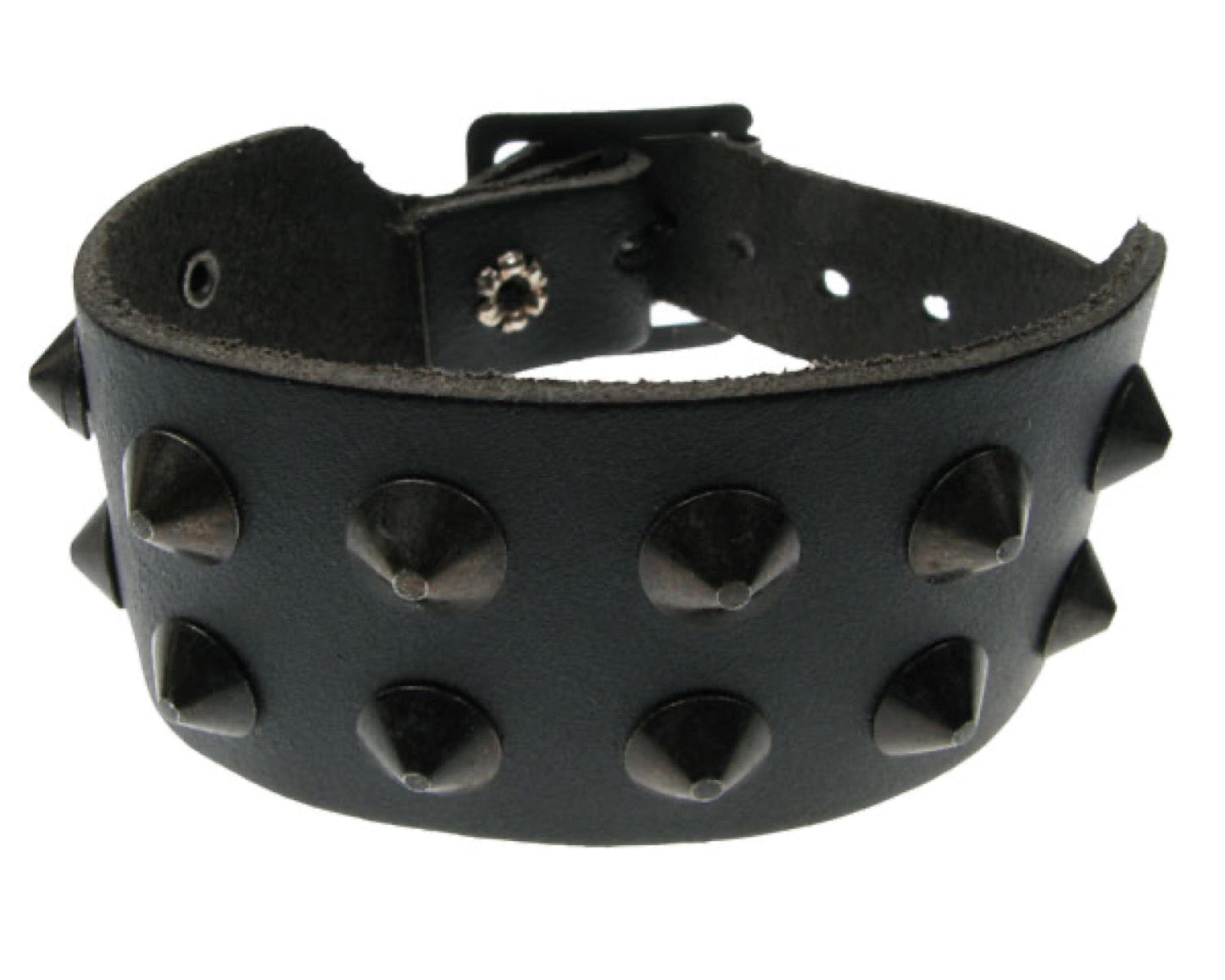 WB249 2 row black conical Leather Wristband - Black