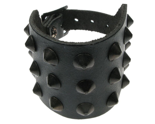 WB250 3 row black conical Leather Wristband - Black