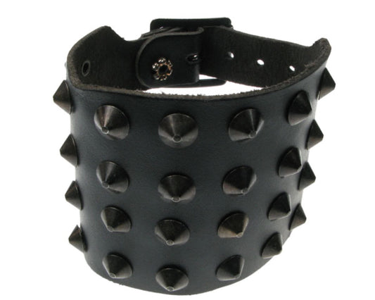 WB251 4 row black conical Leather Wristband - Black